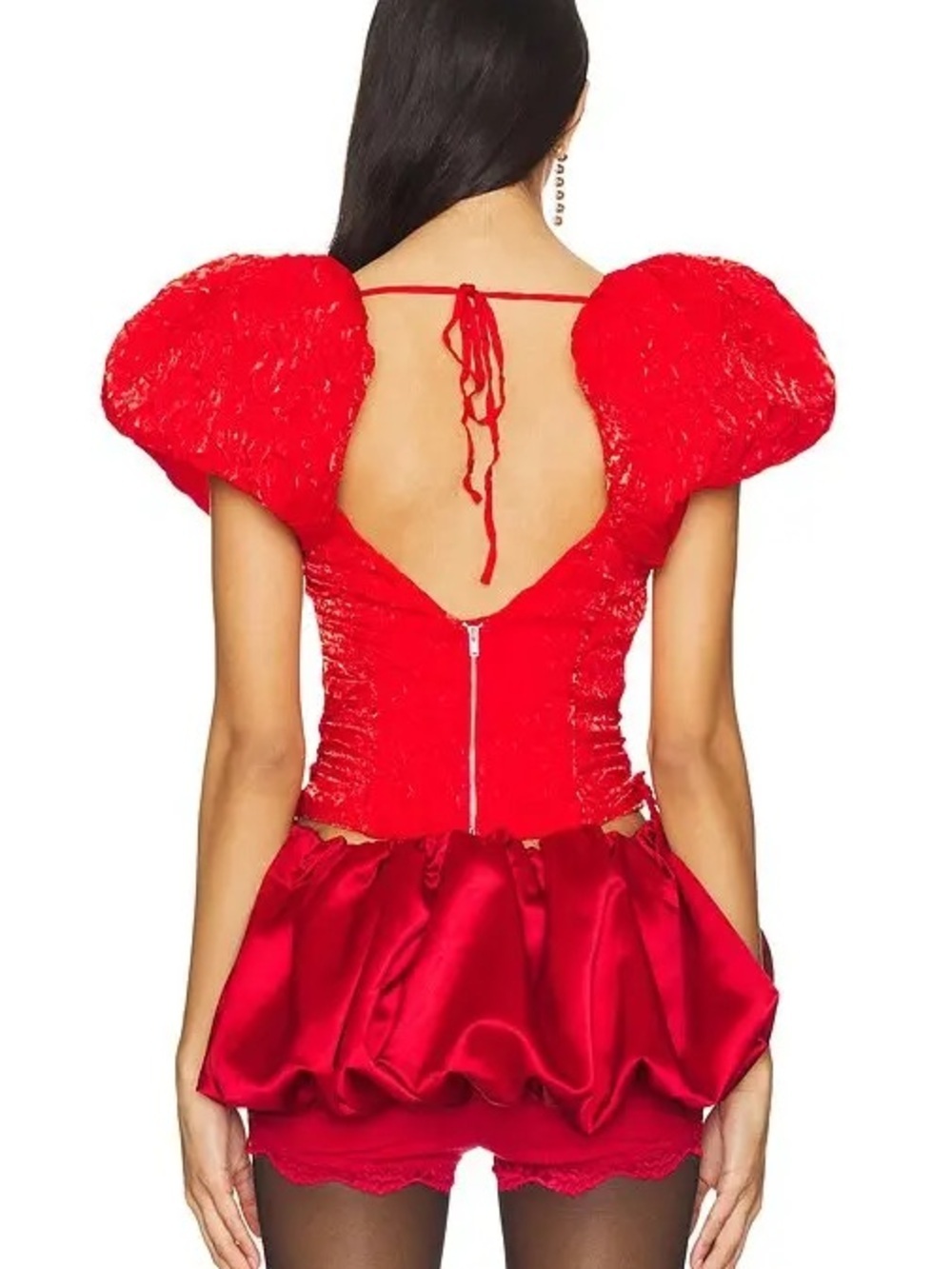 REVOLVE For Love & Lemons Red Lace-Up Puff Sleeve Corset Top NWT Small - Picture 4 of 4